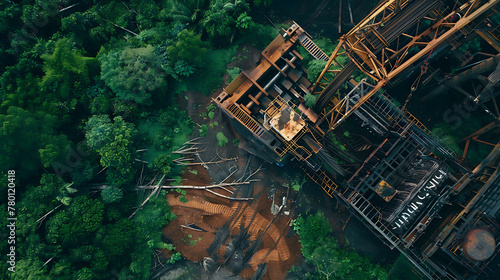 An aerial view capturing the stark reality of a large industrial machine wreaking havoc on a dense forest below.