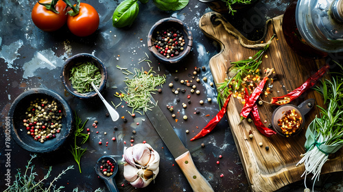 Spices Herbs and Vegetables Arranged on a Wooden Board photo