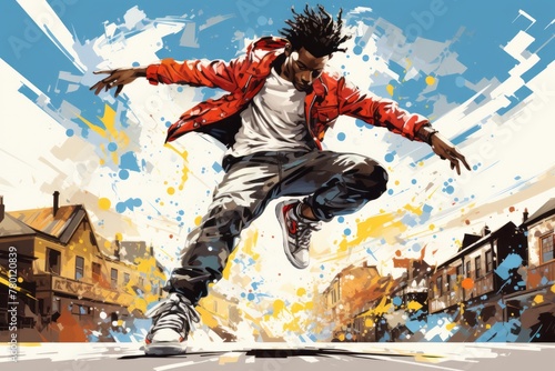 A man in a red jacket is skillfully performing a trick on a skateboard in a graffiti-covered urban setting. He is showcasing his freestyle street dance session with impressive agility and control