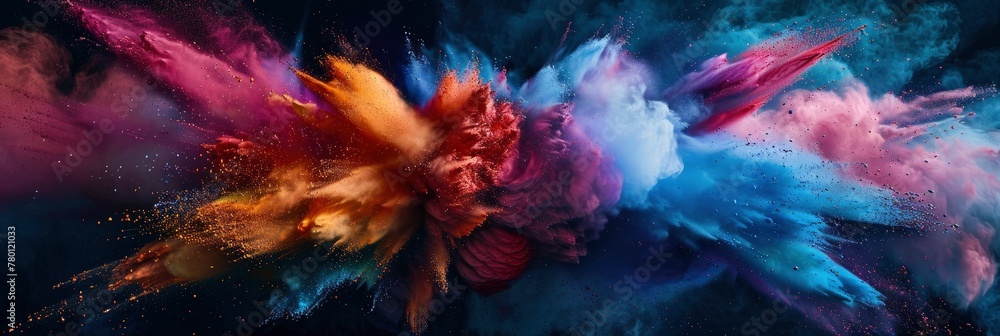 Abstract colorful powder explosion on dark background, Banner Image For Website, Background