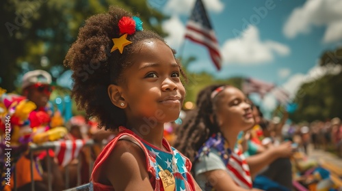 Happy child at 4th of July parade, patriotic joy, American flag in background, holiday spirit, festive crowd, sunny celebration, national pride