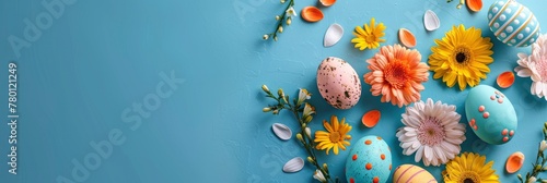 Blue background with Easter eggs and flowers on the left side, right blank space for text. Top view of insanely detailed Easter eggs and flowers, Banner Image For Website, Background photo