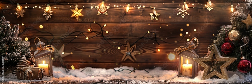 Christmas background with a wooden table and snow, a wooden wall decorated with Christmas lights and decorations, a star-shaped decoration, wooden stars, a tree toy and garland, snowflakes