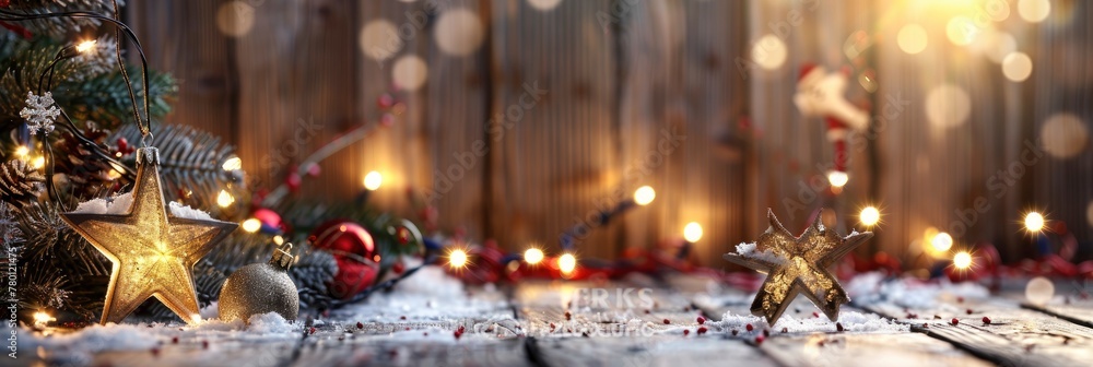 Christmas background with a wooden table and snow, a wooden wall decorated with Christmas lights and decorations, a star-shaped decoration, wooden stars, a tree toy and garland