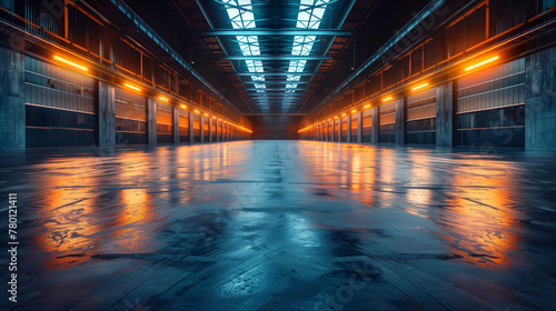 A large, empty warehouse with orange lights shining down on the floor. AI.