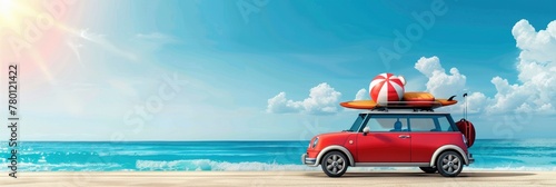 Car with luggage and beach ball on top, surfboard on roof rack, summer vacation concept, copy space for text, bright sunny day at the sea, blue sky, summer mood, Banner Image For Website, Background