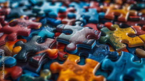 A pile of colorful jigsaw puzzle pieces. AI. photo