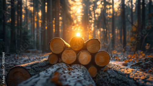 A pile of logs with a sun shining on them. AI.