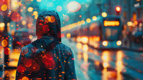 A person is walking down a street in the rain, with a bus in the background. AI. photo