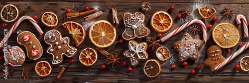 Christmas background with gingerbread cookies, candy canes and dried orange slices on a wooden table. Top view, Banner Image For Website, Background