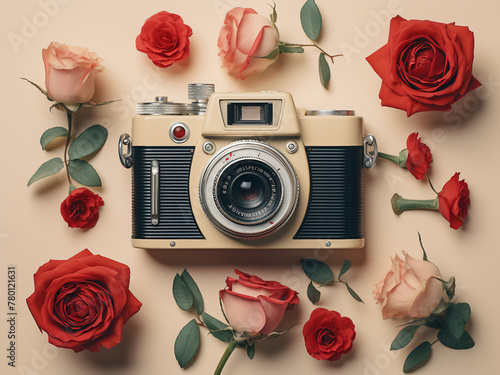 Vintage camera showcased alongside rose flower buds on a soft beige surface photo