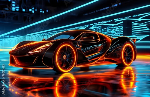 Sleek Concept Sports Car Illuminated in Neon at a Futuristic Showroom against a backdrop of digital graphics.