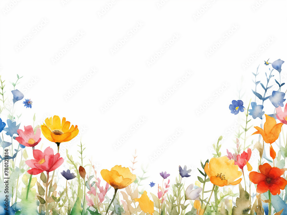 Watercolor illustration depicts a spring garden bursting with colorful flowers