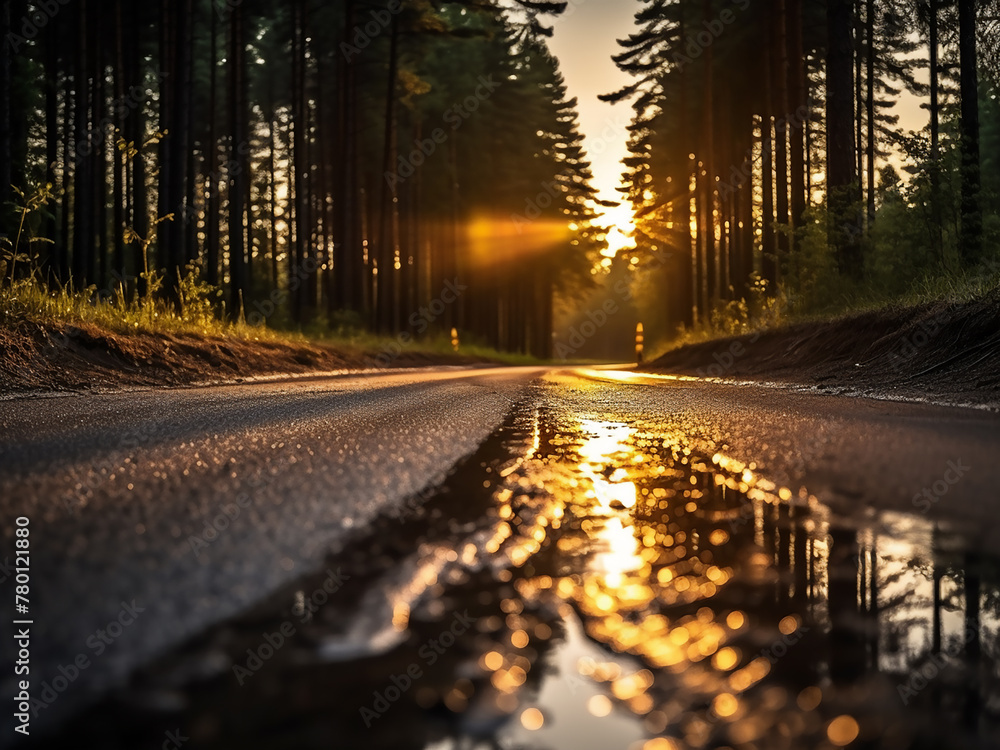 Sunset casts a warm glow over a wet forest road, creating a serene backdrop
