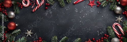Christmas themed background with blackboard and stars, decorated for Christmas, candy cane decorations, evergreen branches and red ornaments on the bottom edge of photo, Banner Image For Website