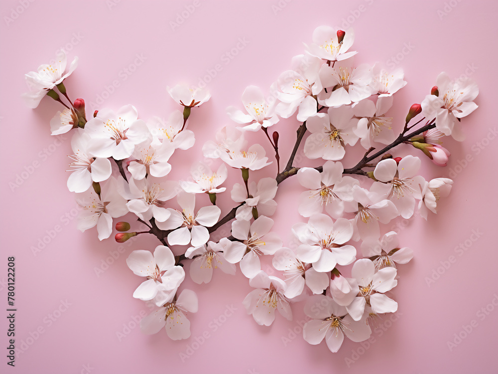 Pink background hosts white flowers and buds, creating a flat lay floral pattern