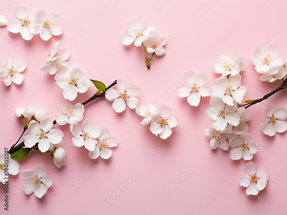 Pink background hosts white flowers and buds in a flat lay composition