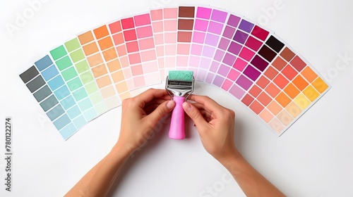 color swatch and paint roll in hands on white wall background photo