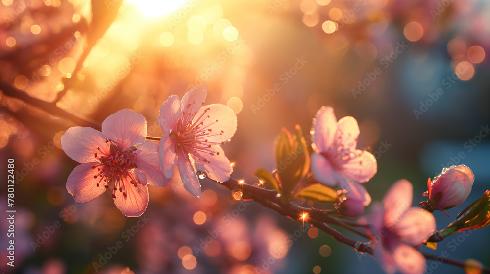 A close-up view of delicate pink cherry blossoms basking in the warm, golden sunlight of an early spring evening - Generative AI