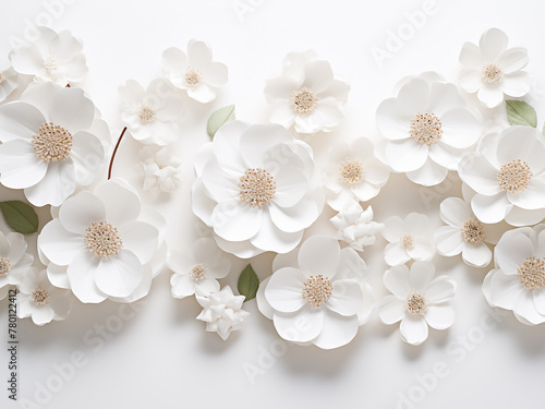 AI-generated depiction delicate white paper flowers on pure white surface