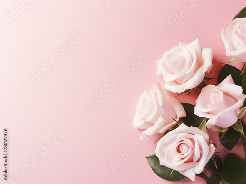 Top view of pastel pink backdrop adorned with white roses and buds