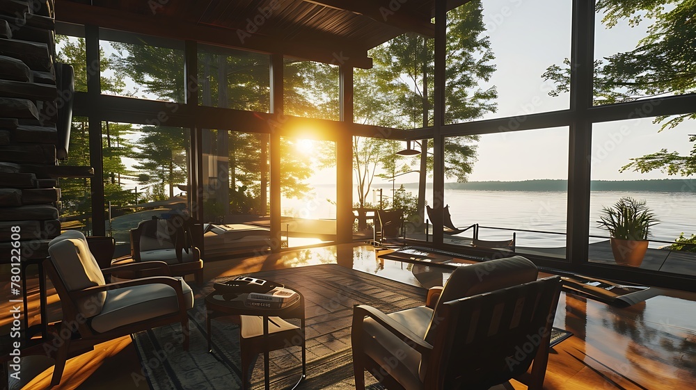 Fototapeta premium Tranquil Shores: A Contemporary Lakeside Retreat with Modern Houses, Embracing Serenity and Sophistication in Nature's Embrace