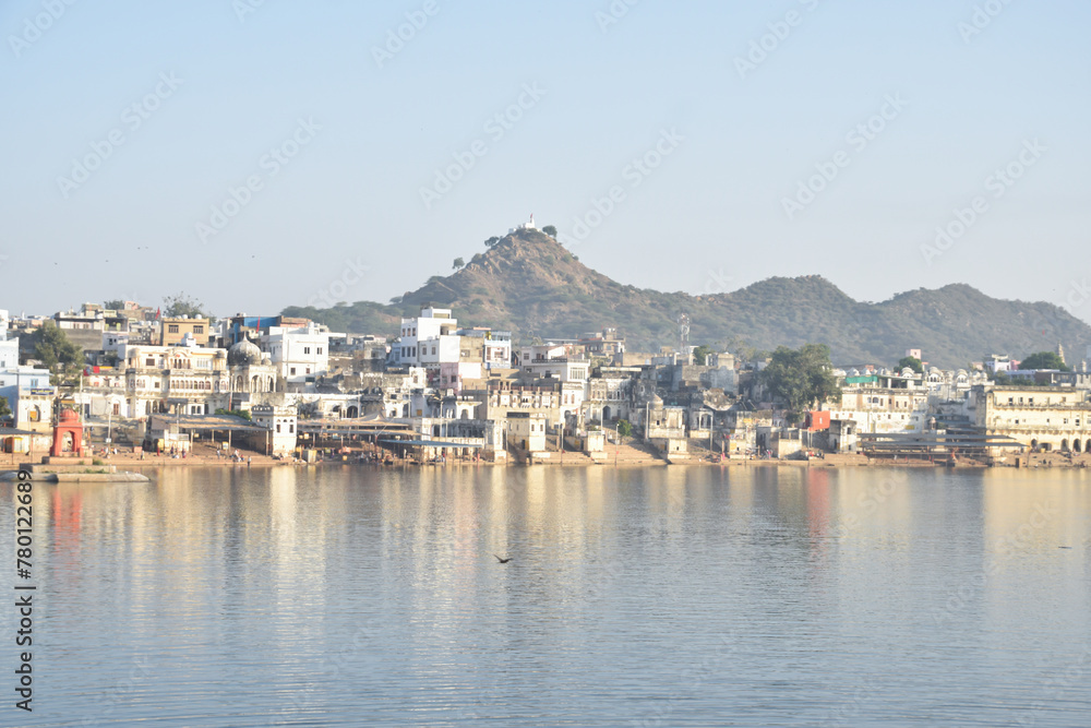 Panoramic image of Pushkar Sarovar Lake, sacred pilgrimage for Hinduism in India