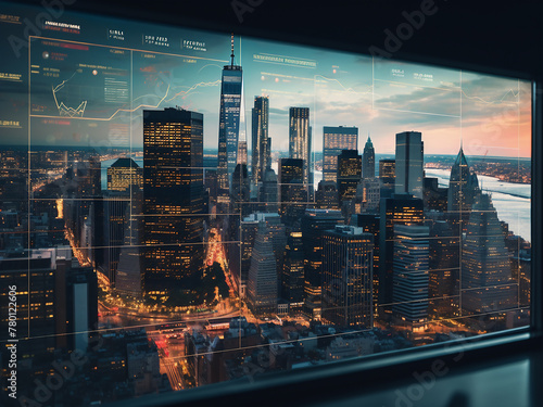 Cityscape reflected in window alongside stock market data photo