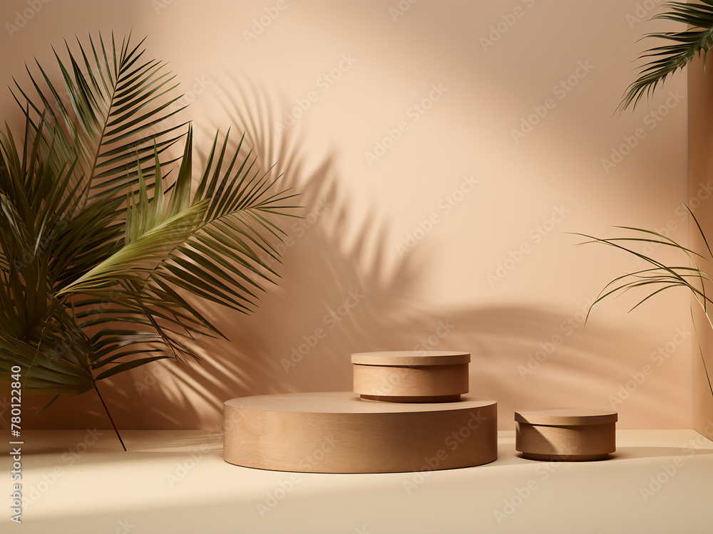Palm leaves enhance the natural beauty of wooden podiums on beige Palm leaves enhance the natural beauty of wooden podiums on beige