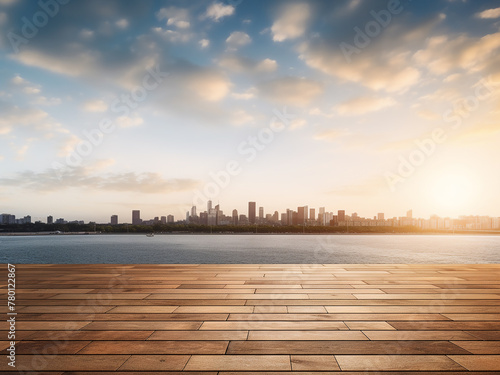 Mock-up showcases wooden sea pier against city backdrop and clear sky