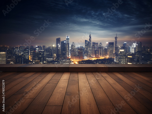 Wooden surface juxtaposed against a night cityscape with skyscrapers
