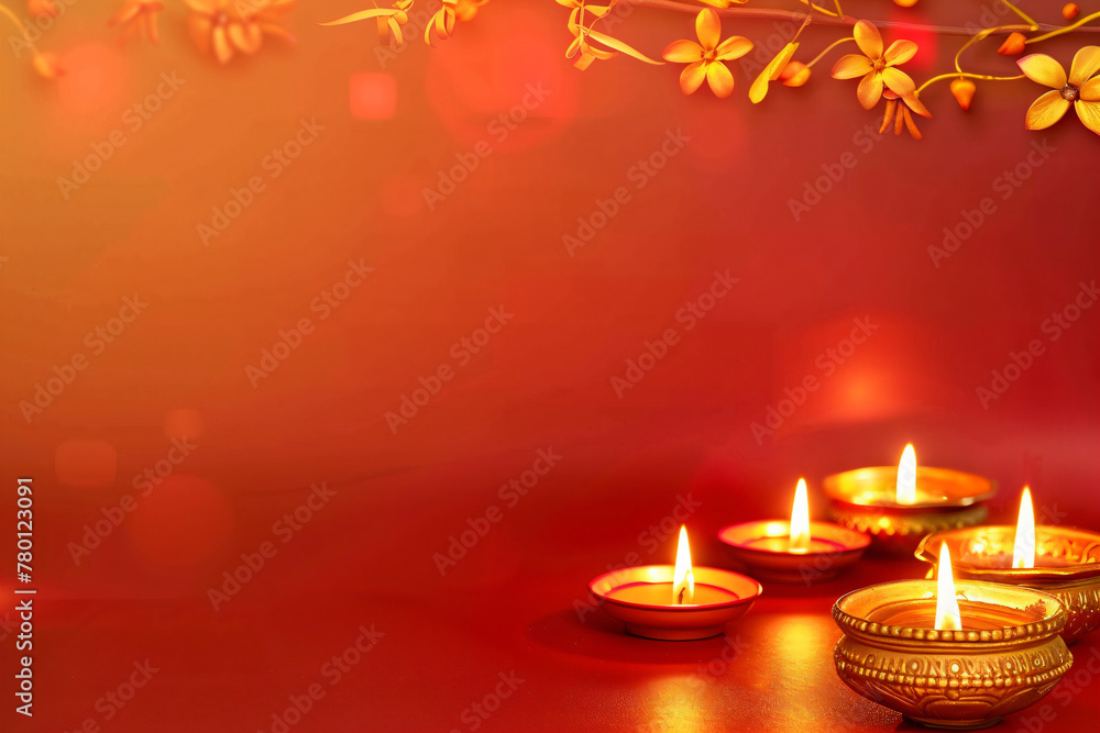 Traditional indian burning lamp on red background. Ethnic decorations for Indian festival of lights Diwali and Pongal. Ugadi, Gudi Padwa. Hindu New Year. Religion concept with copy space Traditional indian burning lamp on red background. Ethnic decorations for Indian festival of lights Diwali and Pongal. Ugadi, Gudi Padwa. Hindu New Year. Religion concept with copy space