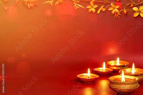 Traditional indian burning lamp on red background. Ethnic decorations for Indian festival of lights Diwali and Pongal. Ugadi, Gudi Padwa. Hindu New Year. Religion concept with copy space