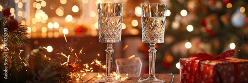 Two crystal glasses with champagne, New Year's Eve table setting on wooden desk, blurred lights and sparklers in background, Banner Image For Website, Background © Pic Hub