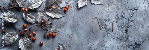 silver leaves and berries on a grey background with space for text, top view, flat lay photography, high resolution, high quality, Banner Image For Website, Background © Pic Hub