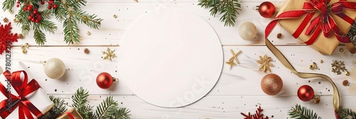 White circle mockup with blank space for text against a Christmas themed background with golden and red decorations like gifts, Banner Image For Website, Background © Pic Hub
