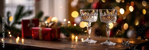 Two crystal glasses with champagne, New Year's Eve table setting on wooden desk, blurred lights and sparklers in background, Christmas tree branch, red gift box nearby, closeup shot, Banner Image © Pic Hub