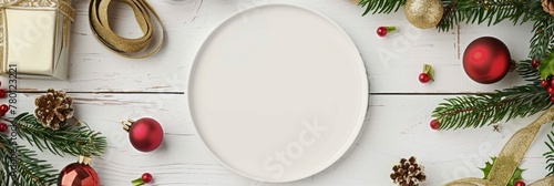 White circle mockup with blank space for text against a Christmas themed background with golden and red decorations like gifts , Banner Image For Website, Background © Pic Hub