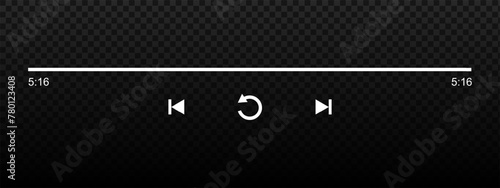 Audio or video player progress loading bar with time slider, repeat, rewind and fast forward buttons. Playback end template of song, audiobook or podcast app interface. Vector graphic illustration.