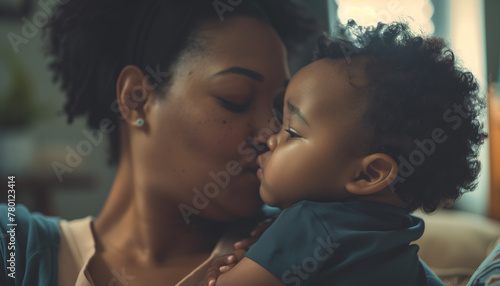 a mixed girl, hugging her mother in cosy home.