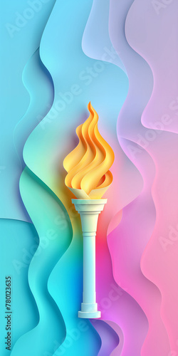 The Olympic flame torch is set against a soft pastel background, leaving room for text.