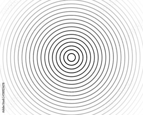 Concentric circles background with fading effect. Ripples, radiation, sun burst, radio signal, target, sonar wave wallpaper. Simple black and white illustration with hypnotic visual effect.