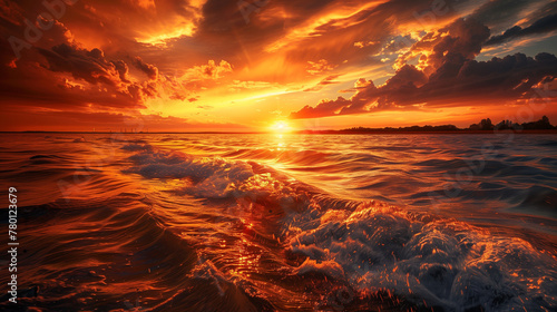 The sun is setting over the ocean, casting a warm glow on the water. AI. © ART IS AN EXPLOSION.