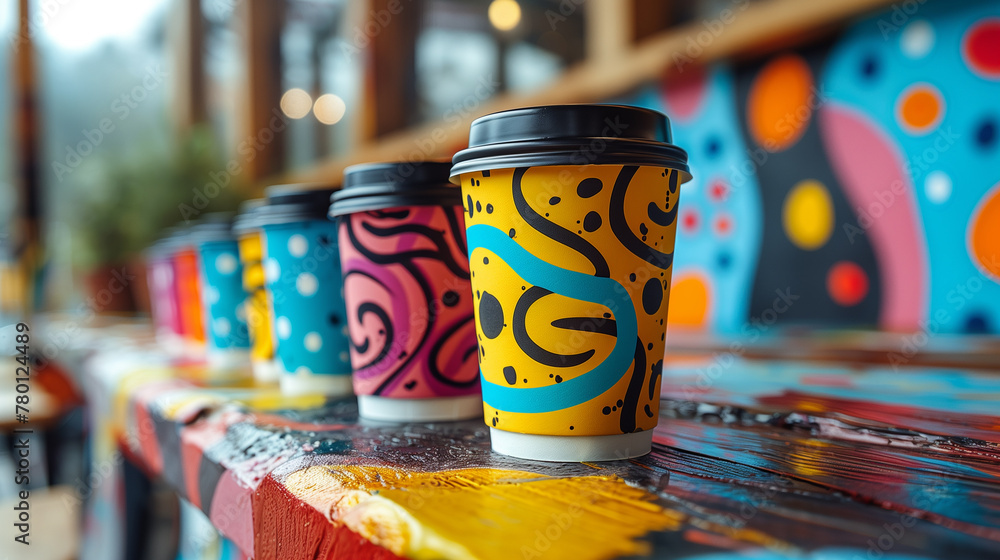 A dynamic coffee cup design bursts with graffiti-inspired typography amidst a kaleidoscope of vibrant colors, embodying the essence of urban creativity-2