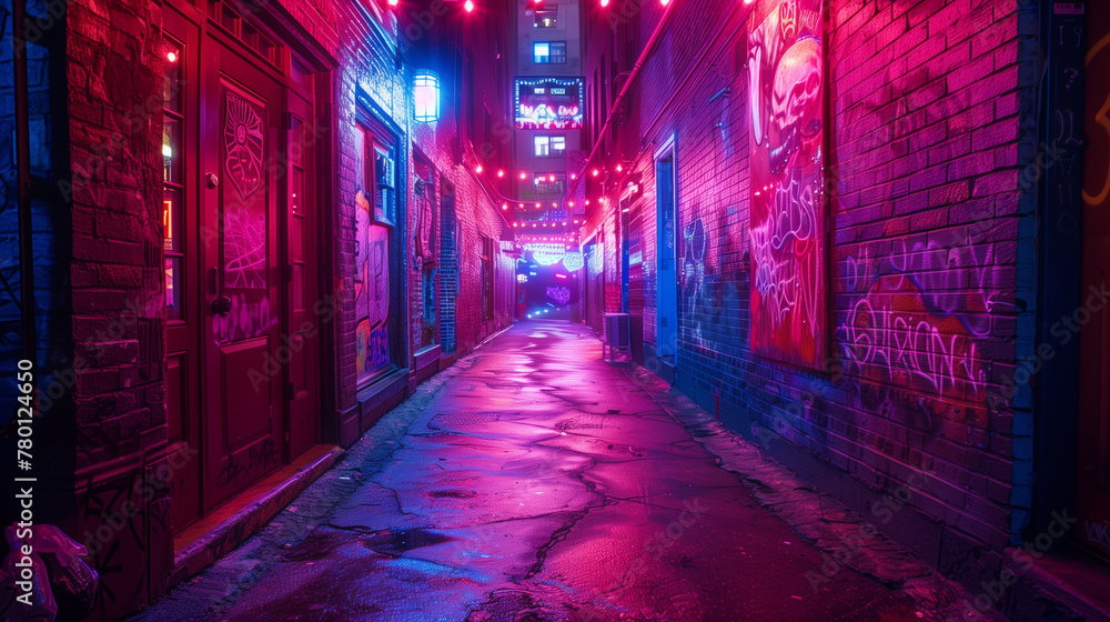 A neon-lit alley reveals a clandestine gallery of vibrant graffiti, hidden from daylight's gaze-1