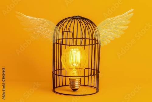 Light bulb inside a cage with flying wings  concept of creativity and idea.