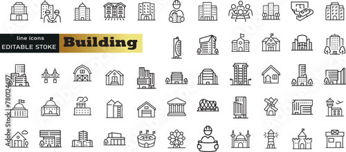 Building web icons in line style. Hotel, hospital, apartament, city, town house, mall, coffee, collection. Vector illustration