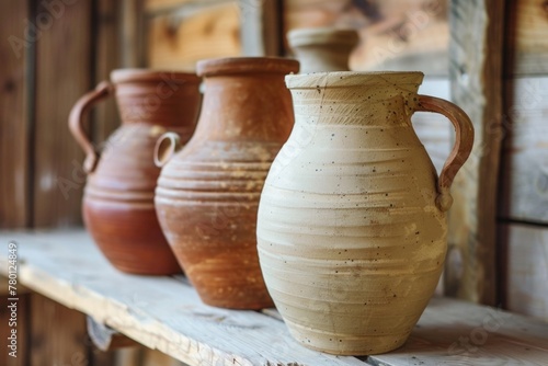 Handmade clay vases on a wooden table, concept of craftsmanship, decoration, handiwork. © Deivison
