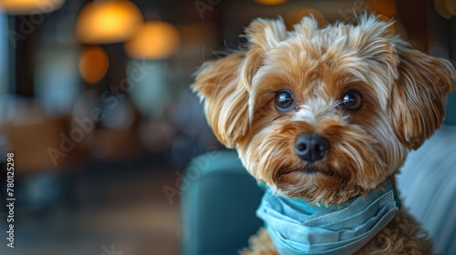 Yorkshire Terrier with a bandage on his neck in a cafe