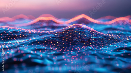 Abstract digital technology waves background with neon lines, futuristic cyber virtual landscape concept, glowing particles and innovative mesh design pattern